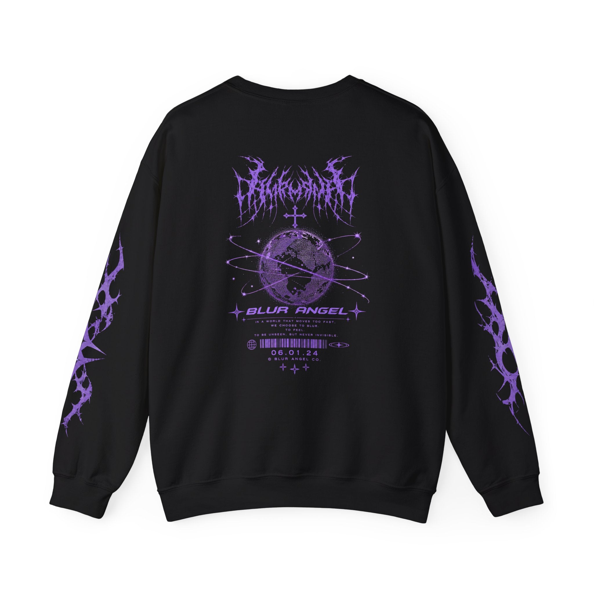 Blur Angel Gothic Crewneck Sweatshirt — Purple Angel Wings Graphic