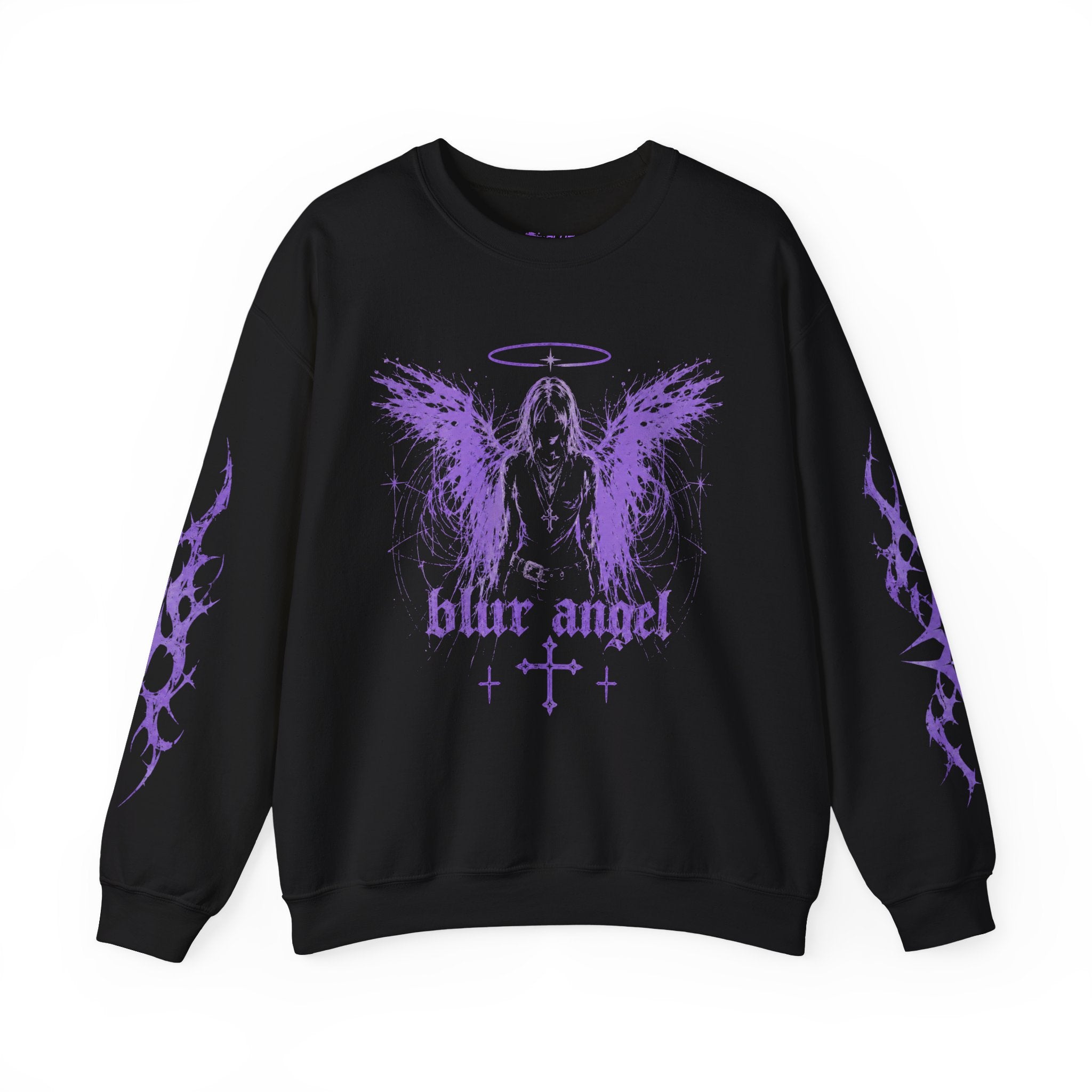 Blur Angel Gothic Crewneck Sweatshirt — Purple Angel Wings Graphic
