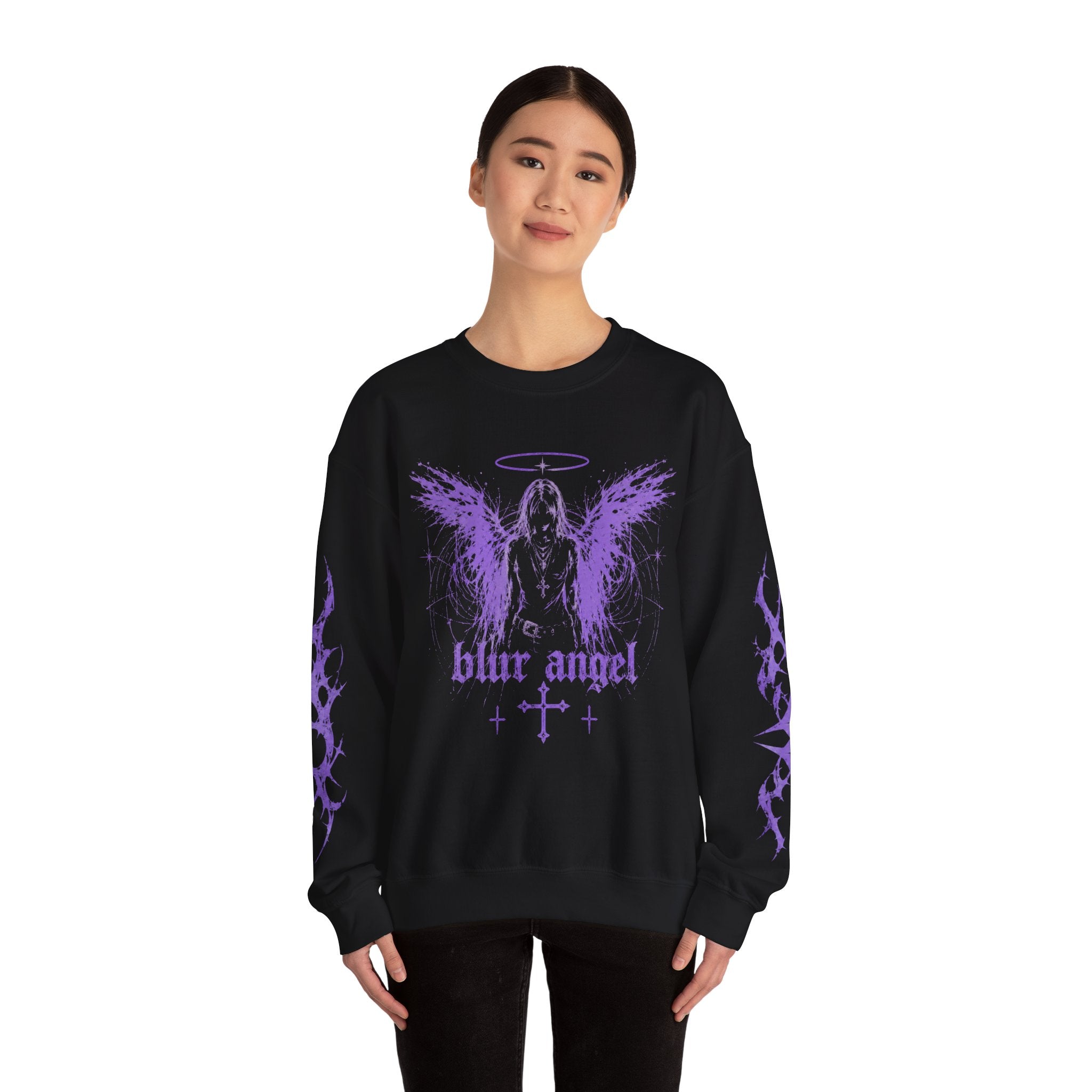 Blur Angel Gothic Crewneck Sweatshirt — Purple Angel Wings Graphic