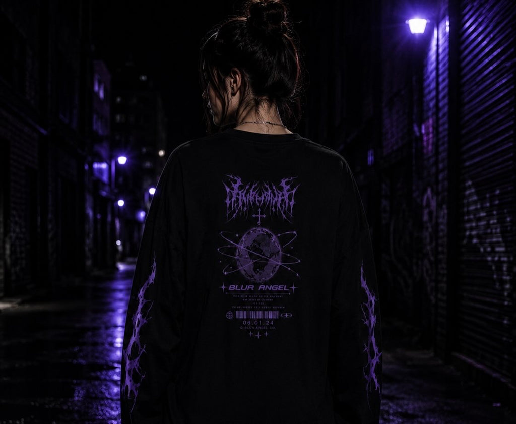 Blur Angel Gothic Crewneck Sweatshirt — Purple Angel Wings Graphic