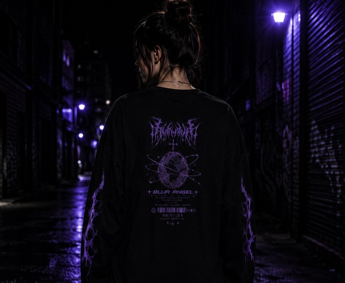 Blur Angel Gothic Crewneck Sweatshirt — Purple Angel Wings Graphic
