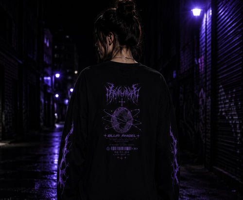 Blur Angel Gothic Crewneck Sweatshirt — Purple Angel Wings Graphic