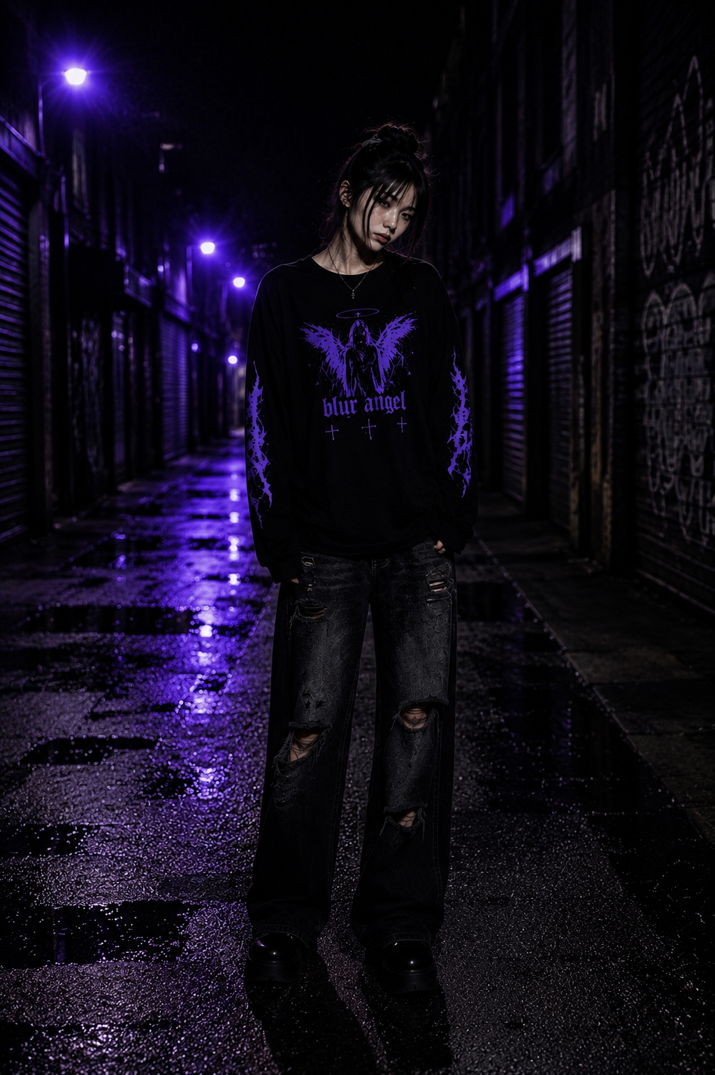 Blur Angel Gothic Crewneck Sweatshirt — Purple Angel Wings Graphic