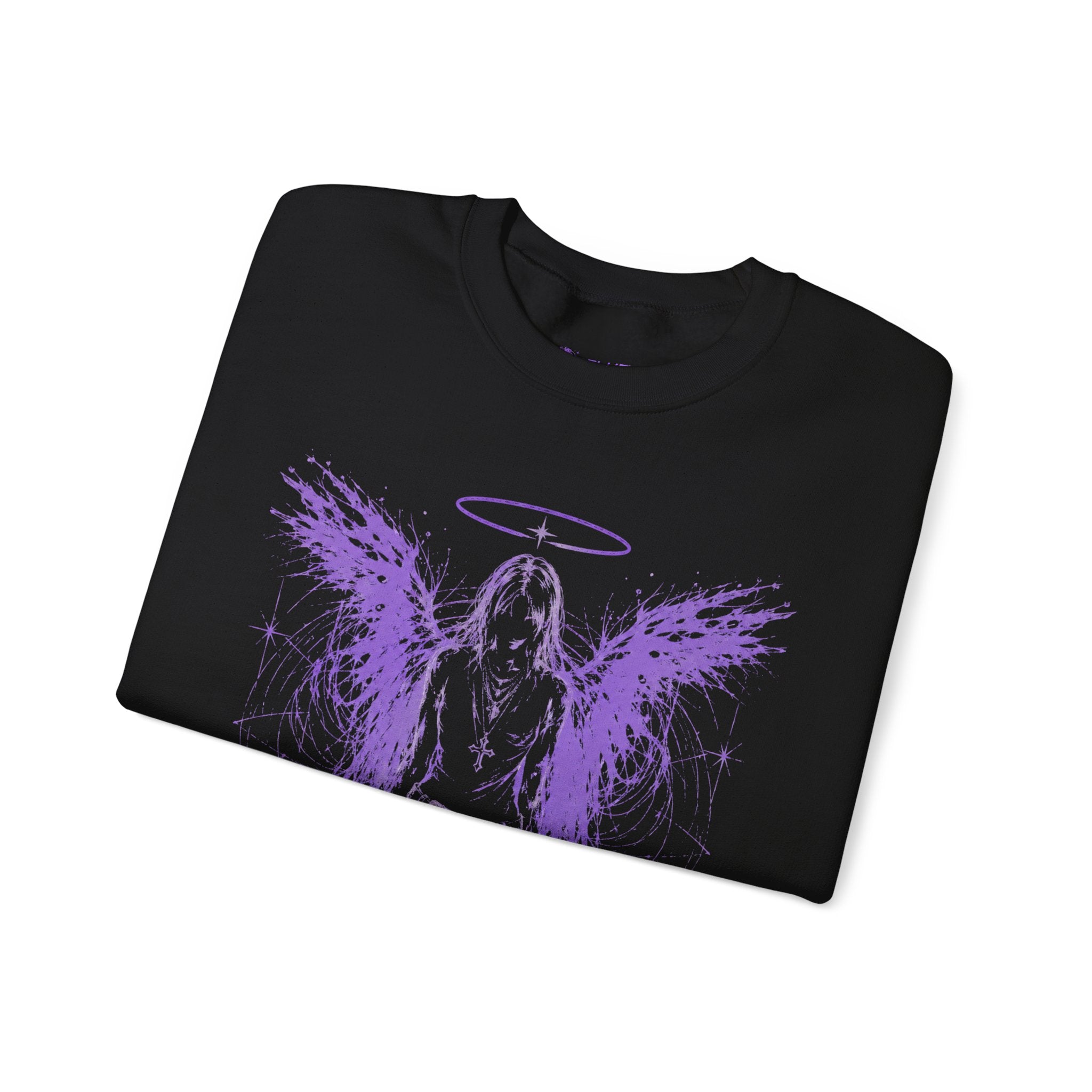 Blur Angel Gothic Crewneck Sweatshirt — Purple Angel Wings Graphic